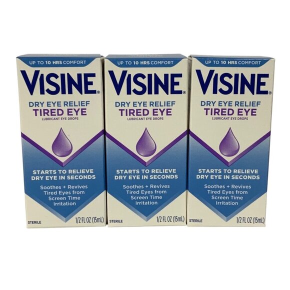 Visine Dry Eye Relief Tired Eye Lubricant Eye Drops 0.5 Fl Oz Pack of 3 - Picture 1 of 6